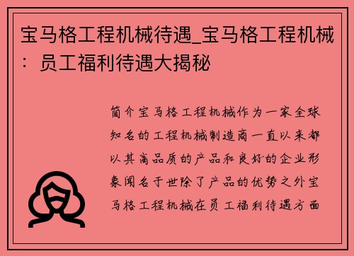 宝马格工程机械待遇_宝马格工程机械：员工福利待遇大揭秘